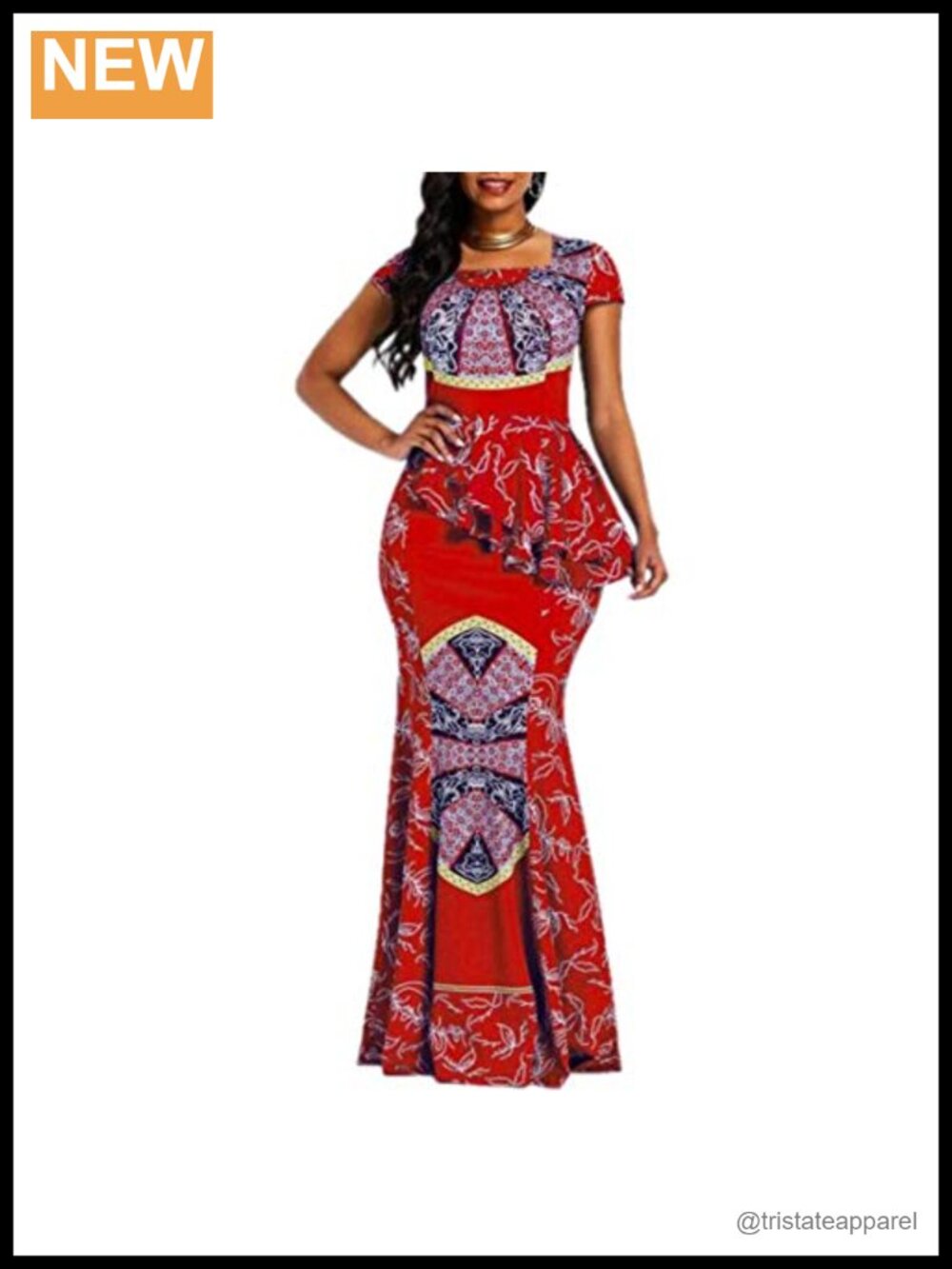 Mermaid Maxi Dress Square Neck Cap Sleeve Geometric Print Polyester Satin